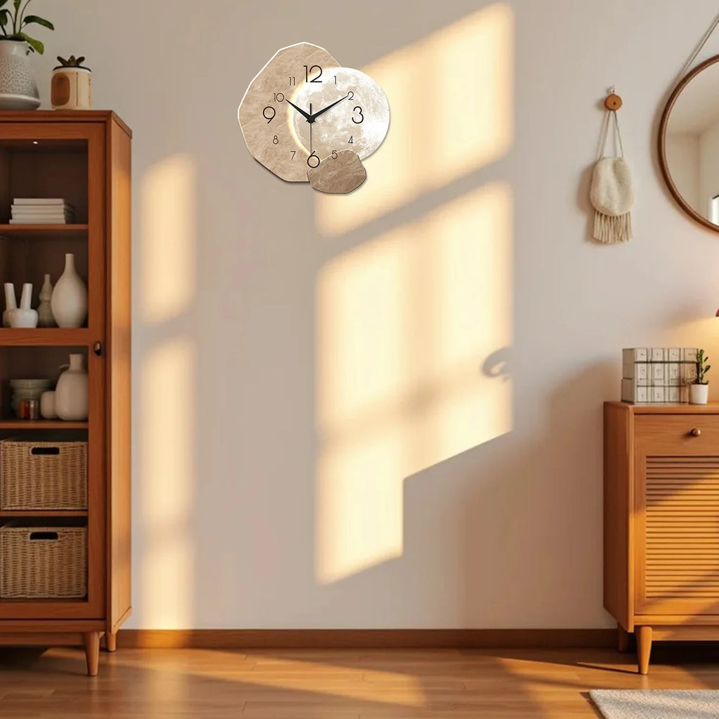 Modern Wall Clock, Moon Design - Quartz Movement, Wooden Material