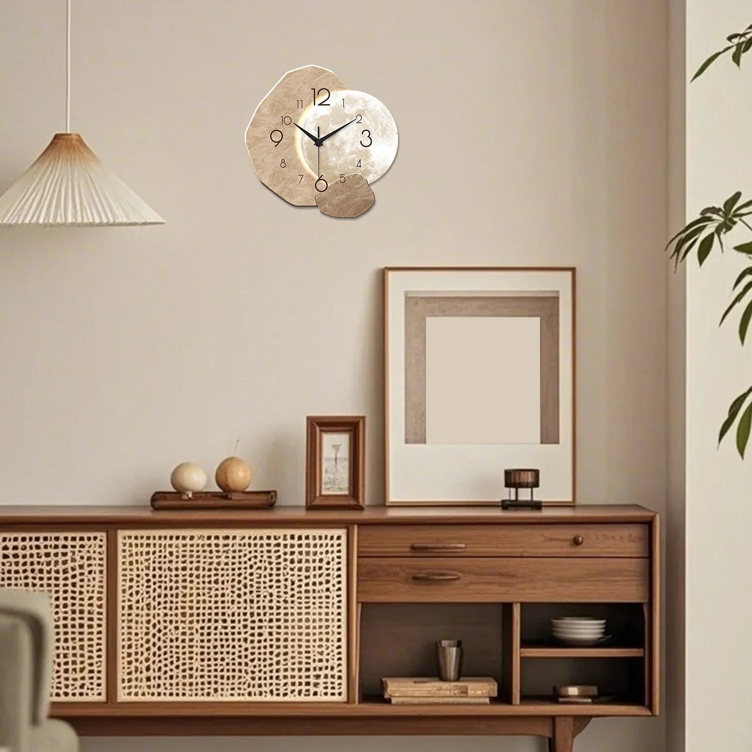 Modern Wall Clock, Moon Design - Quartz Movement, Wooden Material