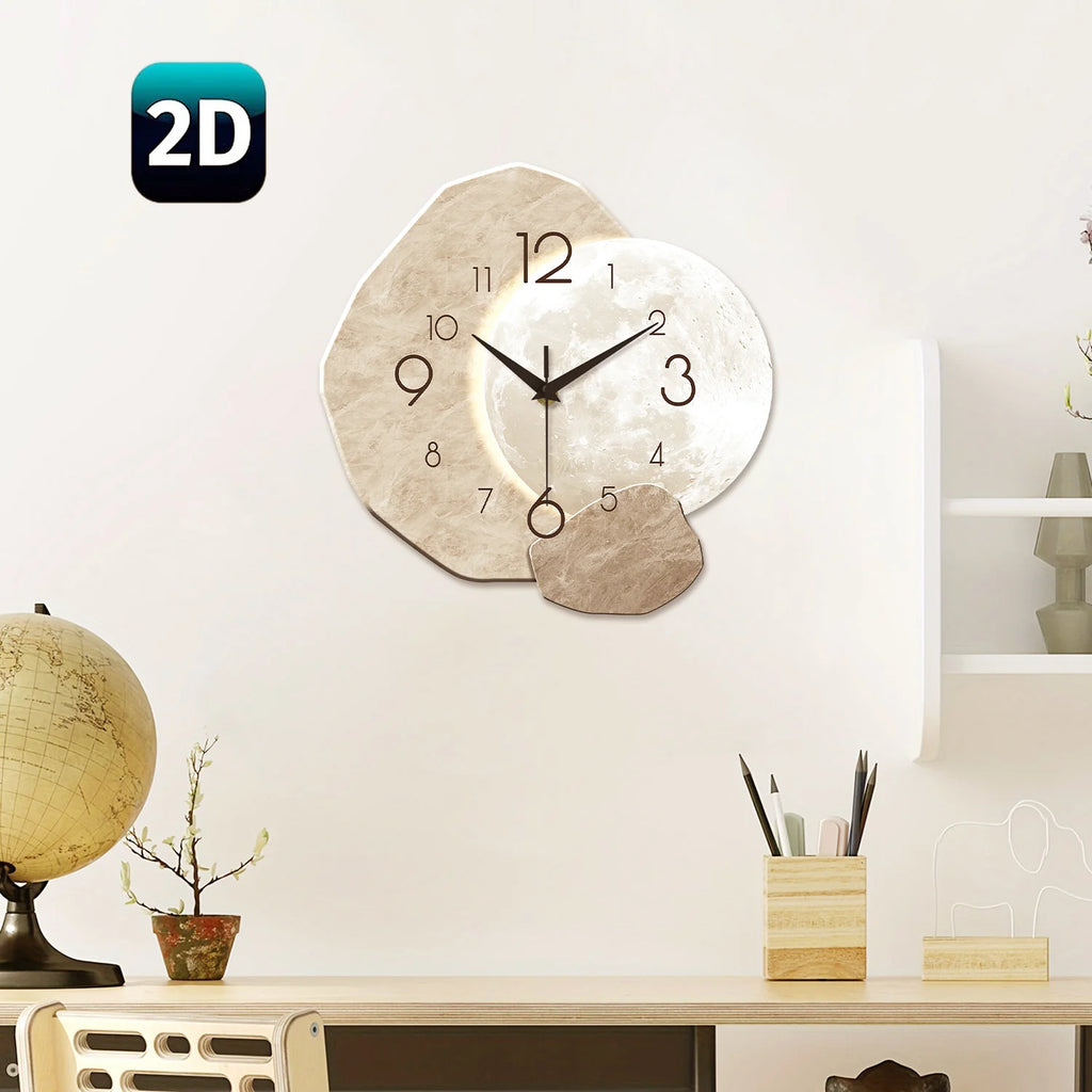 Modern Wall Clock, Moon Design - Quartz Movement, Wooden Material