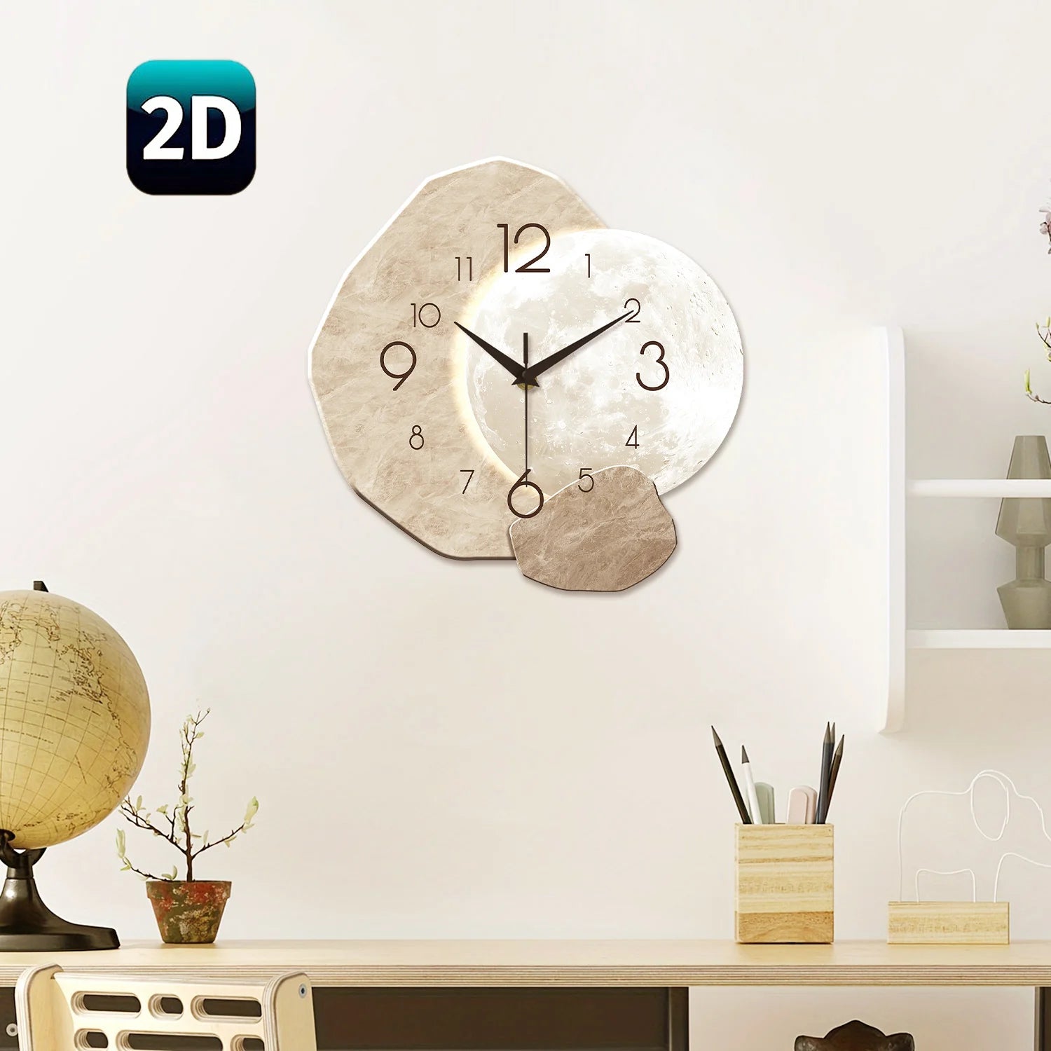 Modern Wall Clock, Moon Design - Quartz Movement, Wooden Material