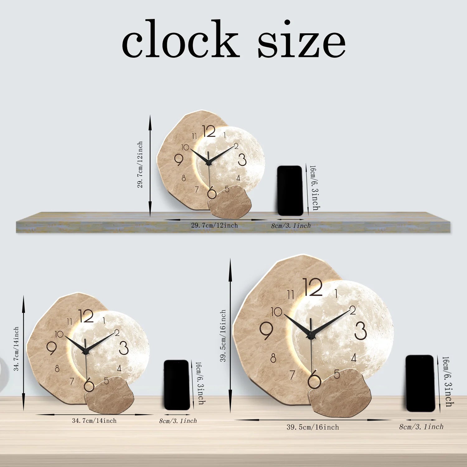 Modern Wall Clock, Moon Design - Quartz Movement, Wooden Material