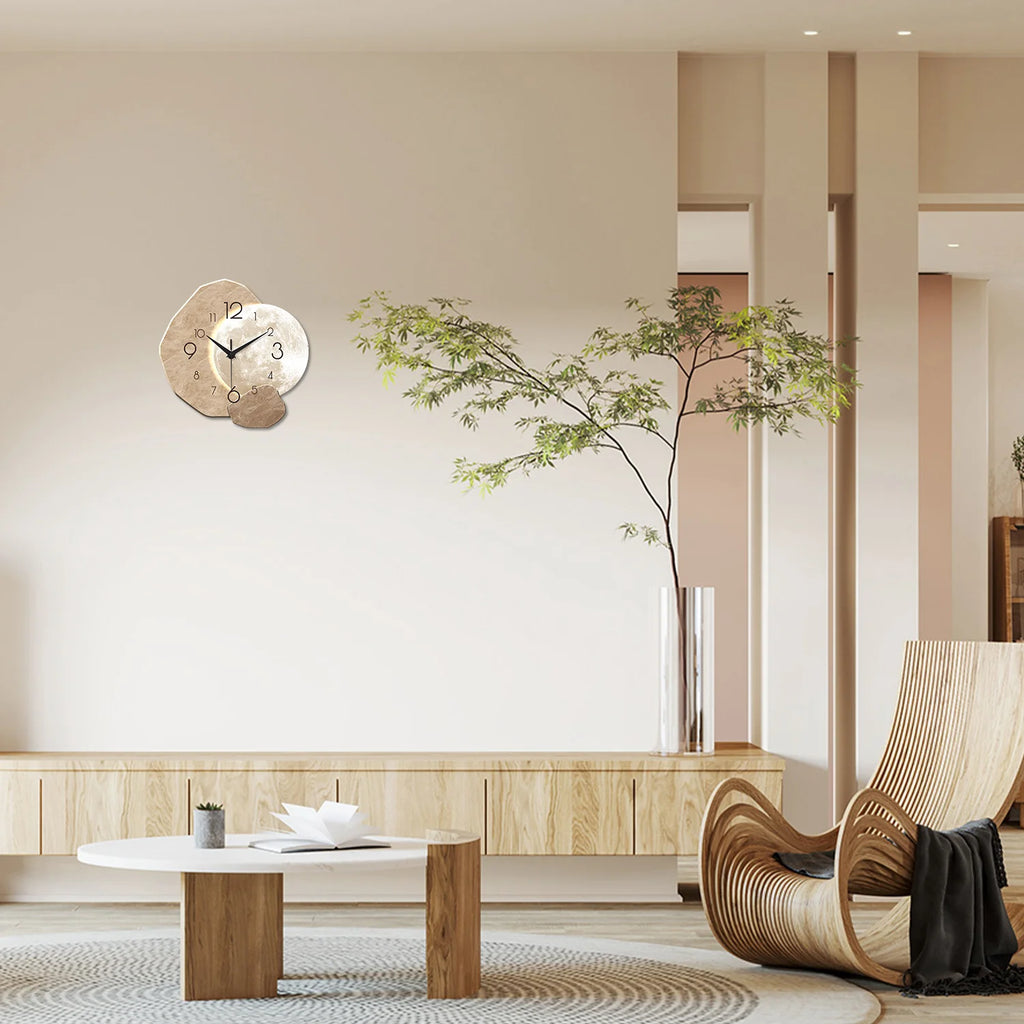Modern Wall Clock, Moon Design - Quartz Movement, Wooden Material